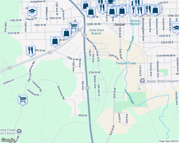 map of restaurants, bars, coffee shops, grocery stores, and more near 2900-2910 Alabama 269 in Jasper