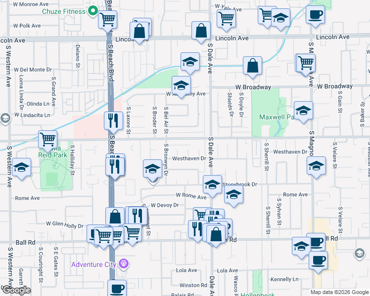 map of restaurants, bars, coffee shops, grocery stores, and more near 617 South Birchleaf Drive in Anaheim