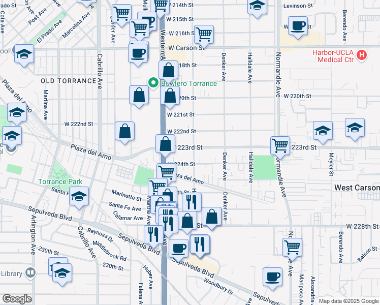 map of restaurants, bars, coffee shops, grocery stores, and more near 1603 West 224th Street in Torrance