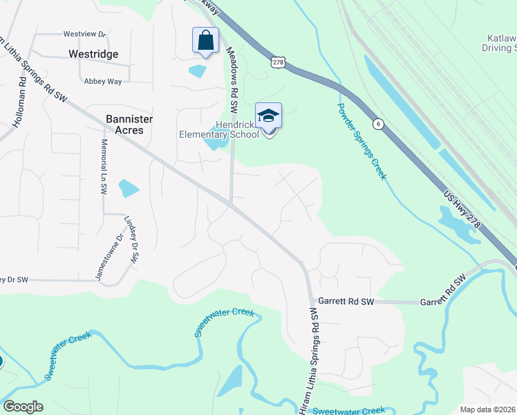 map of restaurants, bars, coffee shops, grocery stores, and more near 5395 Hiram Lithia Springs Road Southwest in Powder Springs