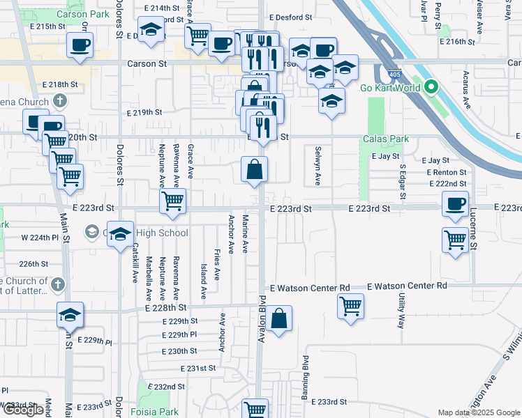 map of restaurants, bars, coffee shops, grocery stores, and more near Avalon Boulevard & East 223rd Street in Carson