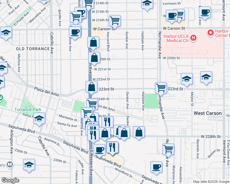 map of restaurants, bars, coffee shops, grocery stores, and more near 1546 West 223rd Street in Torrance