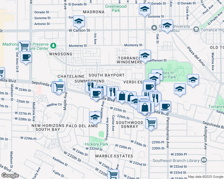 map of restaurants, bars, coffee shops, grocery stores, and more near 2801 Sepulveda Boulevard in Torrance