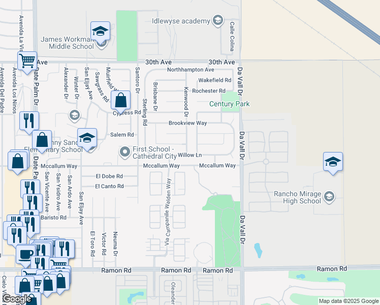 map of restaurants, bars, coffee shops, grocery stores, and more near 69770 Mccallum Way in Cathedral City
