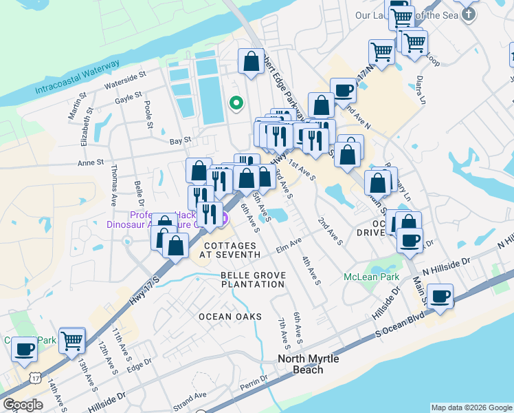 map of restaurants, bars, coffee shops, grocery stores, and more near 620 5th Avenue South in North Myrtle Beach