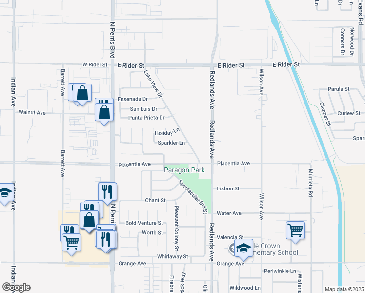 map of restaurants, bars, coffee shops, grocery stores, and more near 329 Sparkler Lane in Perris