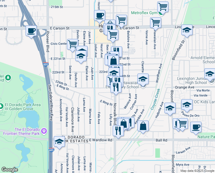 map of restaurants, bars, coffee shops, grocery stores, and more near 22429 Ibex Avenue in Hawaiian Gardens