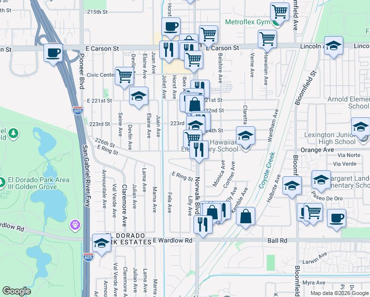 map of restaurants, bars, coffee shops, grocery stores, and more near 22627 Norwalk Boulevard in Hawaiian Gardens