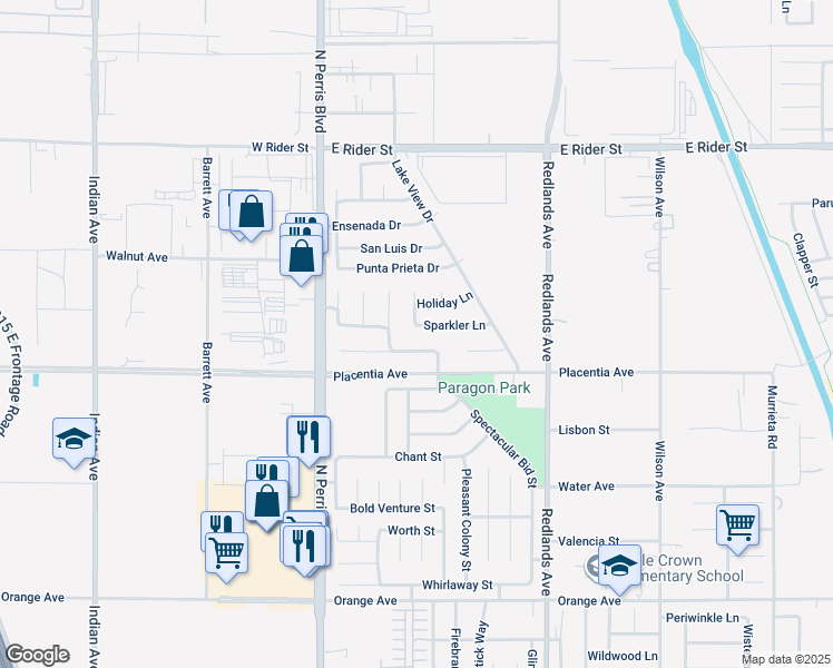 map of restaurants, bars, coffee shops, grocery stores, and more near 233 Sparkler Lane in Perris