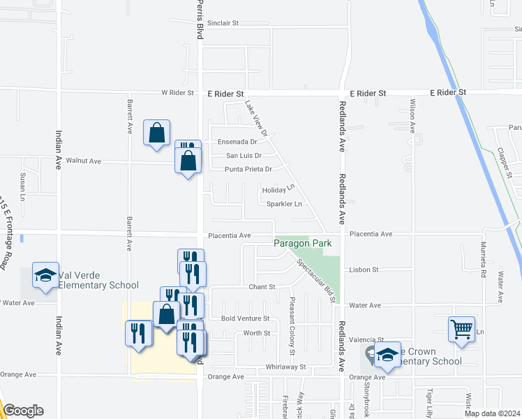 map of restaurants, bars, coffee shops, grocery stores, and more near 233 Sparkler Lane in Perris