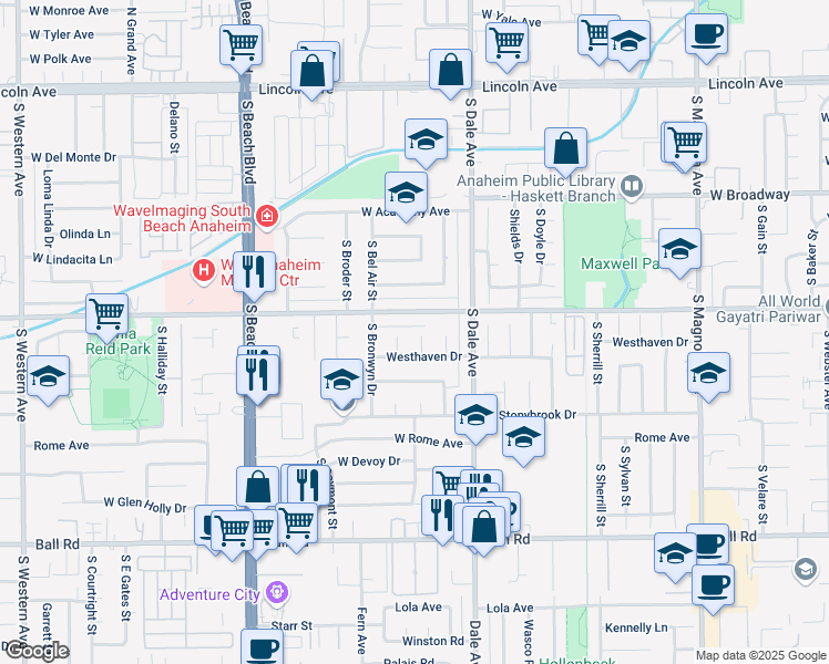 map of restaurants, bars, coffee shops, grocery stores, and more near 617 South Birchleaf Drive in Anaheim