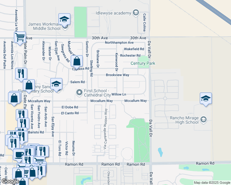 map of restaurants, bars, coffee shops, grocery stores, and more near 69770 Mccallum Way in Cathedral City