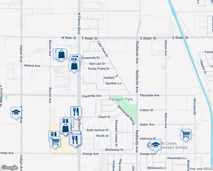 map of restaurants, bars, coffee shops, grocery stores, and more near 249 Sparkler Lane in Perris