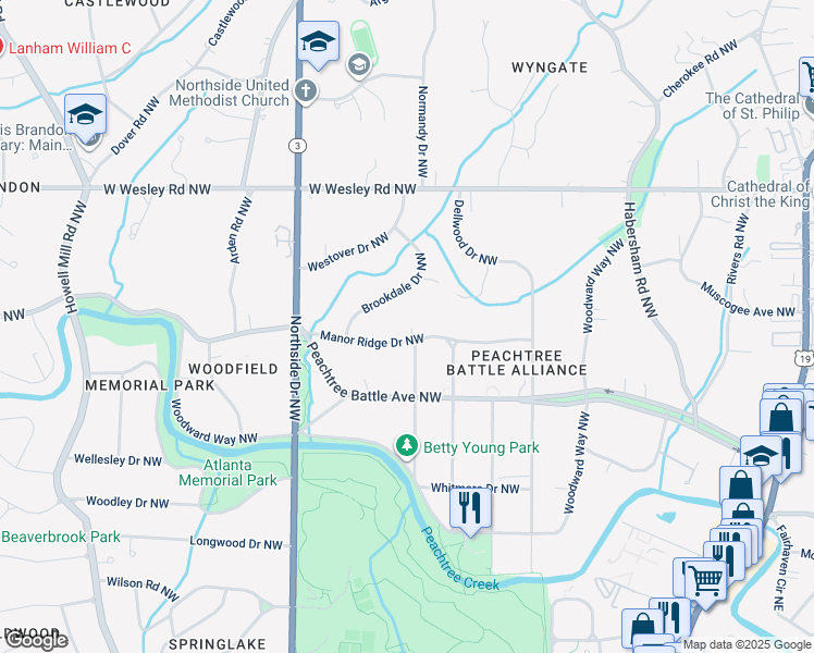 map of restaurants, bars, coffee shops, grocery stores, and more near 469 Manor Ridge Drive Northwest in Atlanta