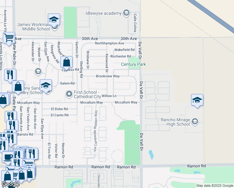 map of restaurants, bars, coffee shops, grocery stores, and more near 69812 Willow Lane in Cathedral City