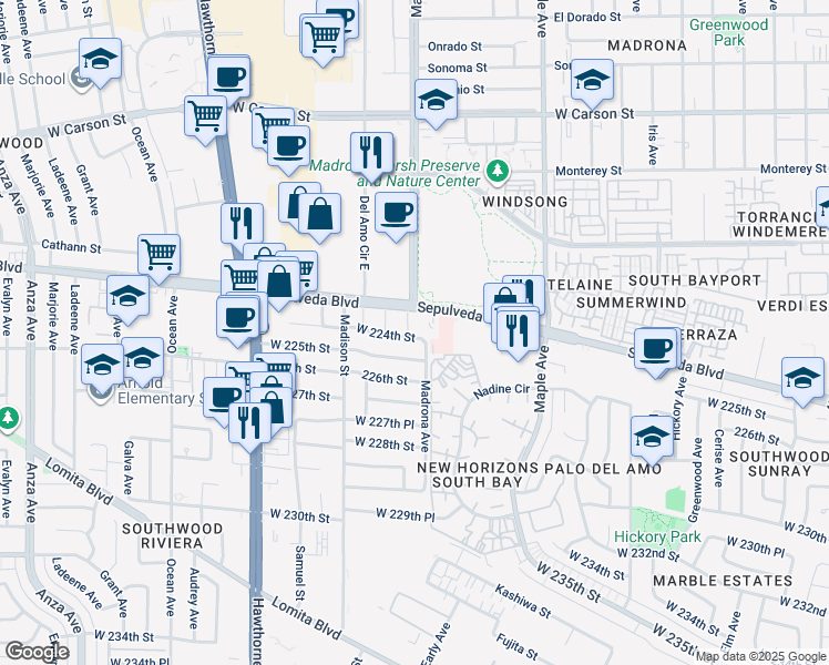 map of restaurants, bars, coffee shops, grocery stores, and more near 22318 Avis Court in Torrance