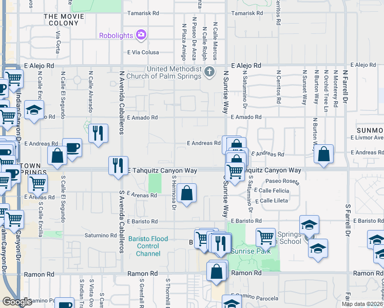 map of restaurants, bars, coffee shops, grocery stores, and more near 1400 East Tahquitz Canyon Way in Palm Springs