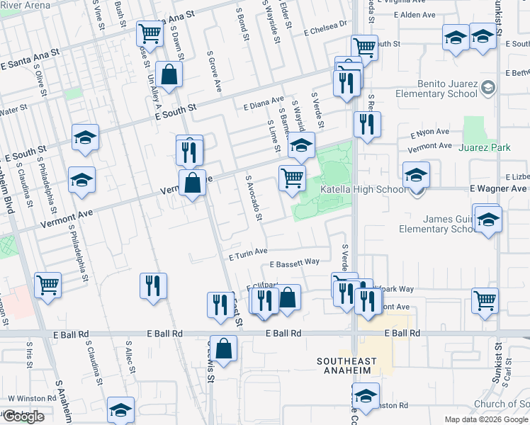 map of restaurants, bars, coffee shops, grocery stores, and more near 1418 East Norman Avenue in Anaheim