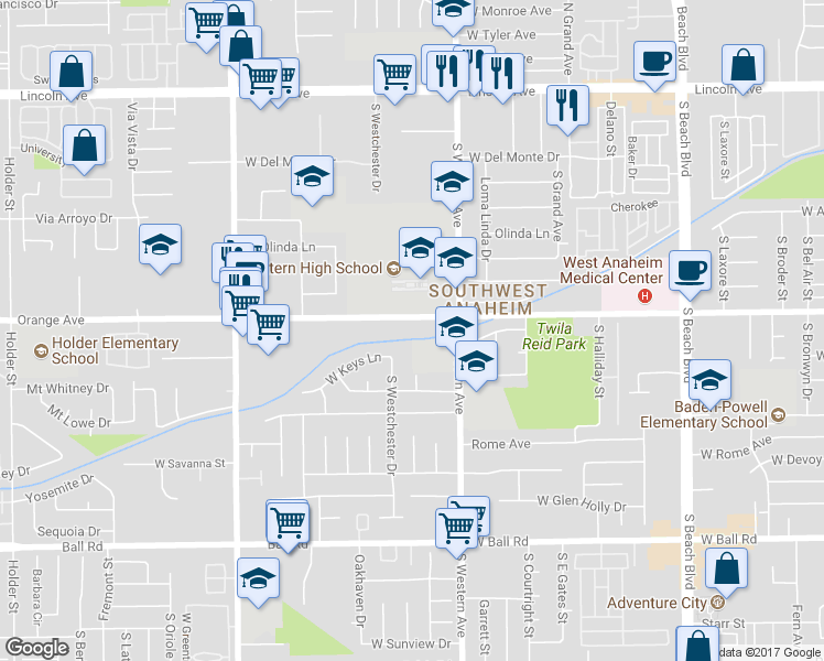 map of restaurants, bars, coffee shops, grocery stores, and more near 631 South Western Avenue in Anaheim