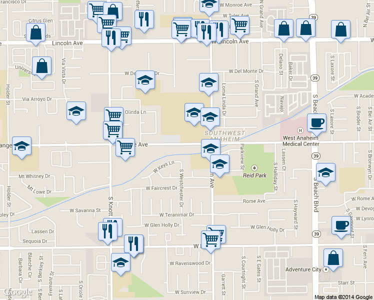 map of restaurants, bars, coffee shops, grocery stores, and more near 3305 West Keys Lane in Anaheim