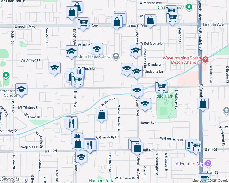 map of restaurants, bars, coffee shops, grocery stores, and more near 3305 West Keys Lane in Anaheim