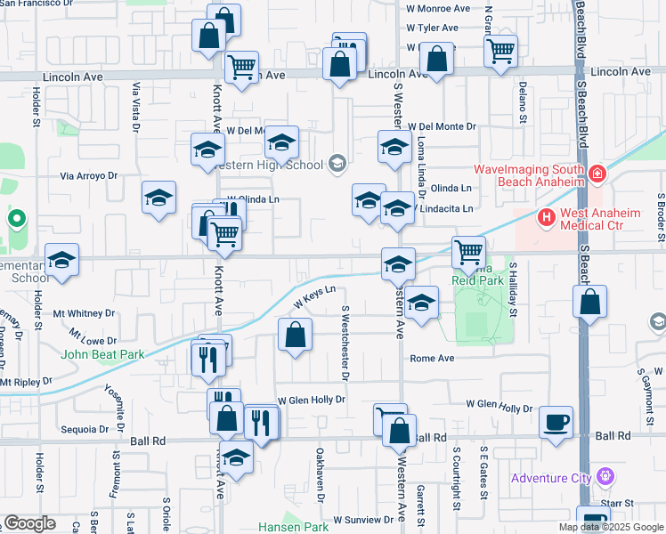 map of restaurants, bars, coffee shops, grocery stores, and more near 3305 West Keys Lane in Anaheim