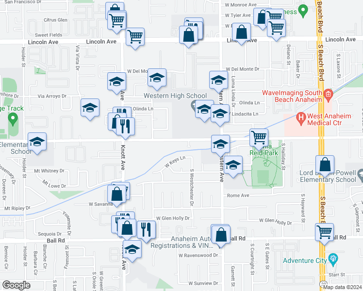 map of restaurants, bars, coffee shops, grocery stores, and more near 3305 West Keys Lane in Anaheim