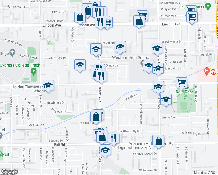 map of restaurants, bars, coffee shops, grocery stores, and more near 3434 West Orange Avenue in Anaheim