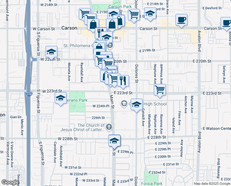 map of restaurants, bars, coffee shops, grocery stores, and more near 22328 South Main Street in Carson
