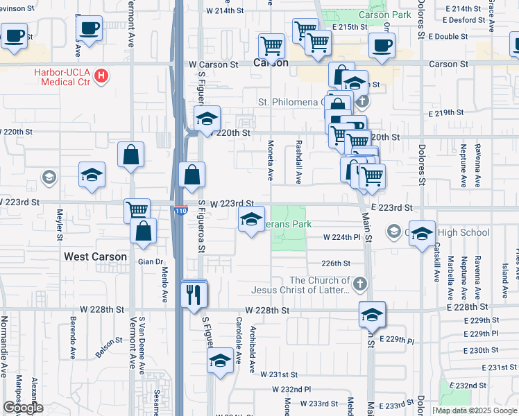 map of restaurants, bars, coffee shops, grocery stores, and more near 323 West 224th Street in Carson