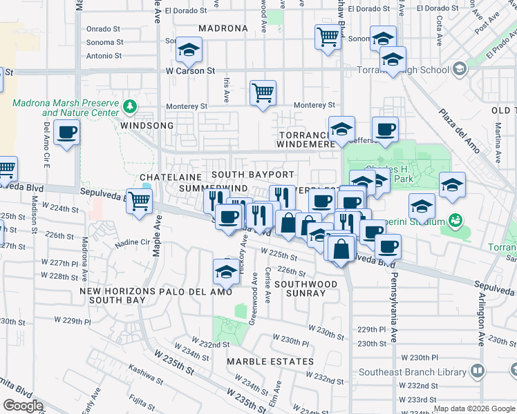 map of restaurants, bars, coffee shops, grocery stores, and more near 2801 Sepulveda Boulevard in Torrance