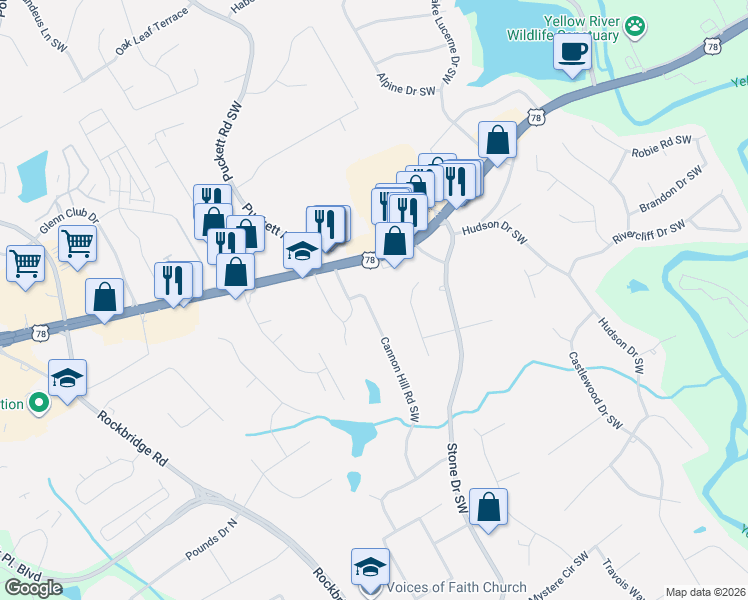 map of restaurants, bars, coffee shops, grocery stores, and more near 2188 Cannon Hill Road Southwest in Lilburn
