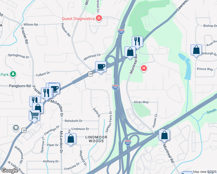 map of restaurants, bars, coffee shops, grocery stores, and more near 1455 Sanden Ferry Drive in Decatur