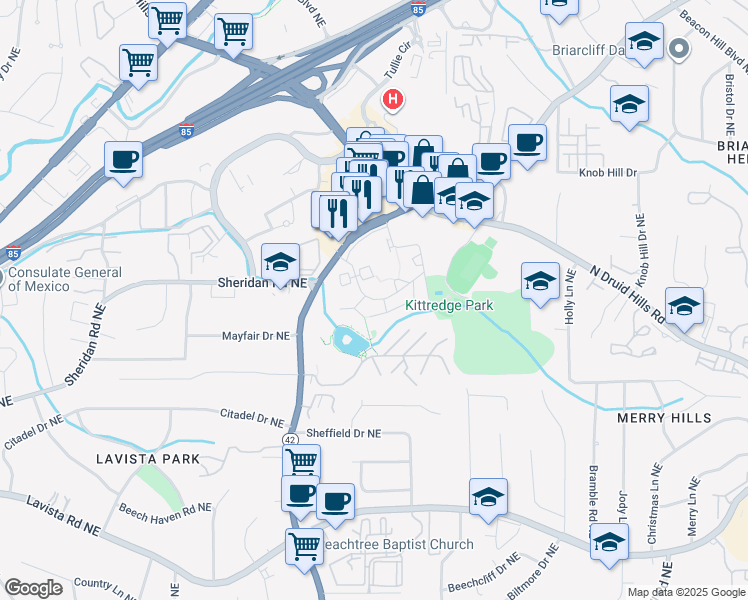 map of restaurants, bars, coffee shops, grocery stores, and more near 1451 Druid Valley Drive Northeast in Atlanta