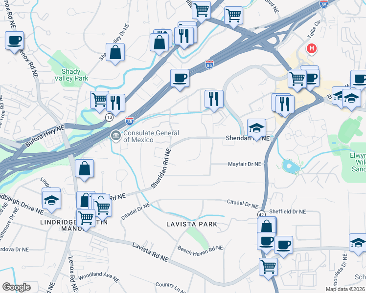 map of restaurants, bars, coffee shops, grocery stores, and more near 1438 Merriman Lane Northeast in Atlanta