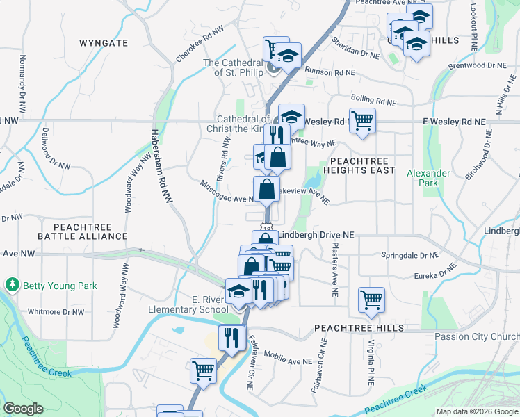 map of restaurants, bars, coffee shops, grocery stores, and more near 2520 Peachtree Road Northwest in Atlanta