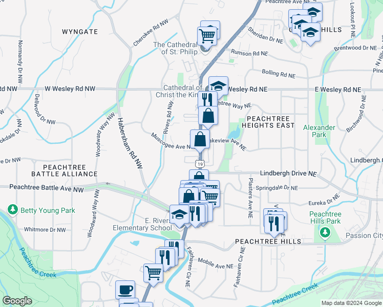 map of restaurants, bars, coffee shops, grocery stores, and more near 2520 Peachtree Road Northwest in Atlanta