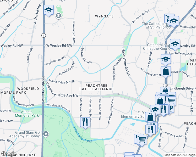 map of restaurants, bars, coffee shops, grocery stores, and more near 344 Manor Ridge Drive Northwest in Atlanta
