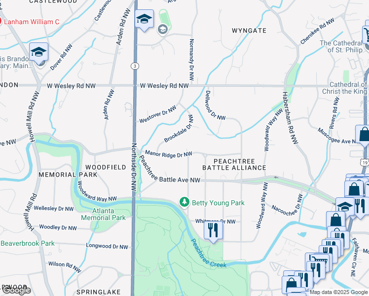 map of restaurants, bars, coffee shops, grocery stores, and more near 2504 Alton Road Northwest in Atlanta