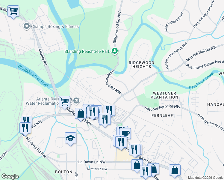 map of restaurants, bars, coffee shops, grocery stores, and more near 1909 Moores Mill Road Northwest in Atlanta