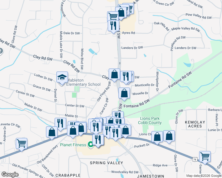 map of restaurants, bars, coffee shops, grocery stores, and more near 5349 Old Floyd Road Southwest in Mableton