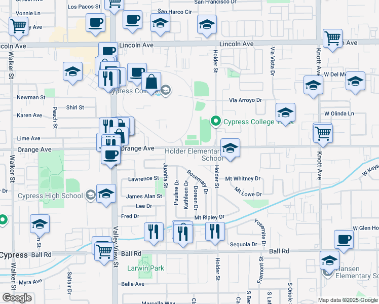 map of restaurants, bars, coffee shops, grocery stores, and more near 6344 Orange Avenue in Cypress