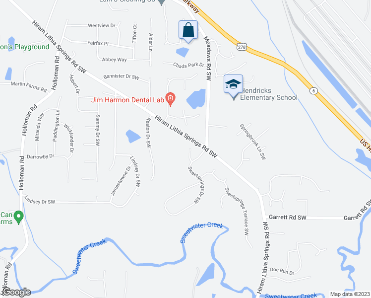 map of restaurants, bars, coffee shops, grocery stores, and more near 5312 Sweetsprings Lane Southwest in Powder Springs