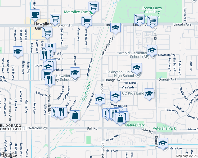 map of restaurants, bars, coffee shops, grocery stores, and more near 8391 East Valeport Avenue in Long Beach