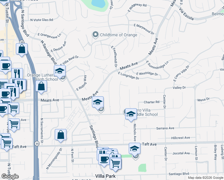 map of restaurants, bars, coffee shops, grocery stores, and more near 9551 Brynmar Drive in Villa Park