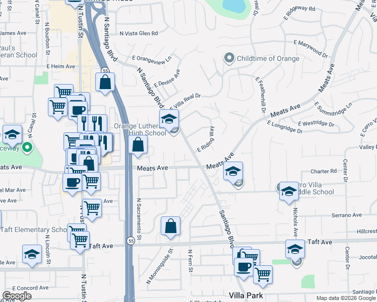 map of restaurants, bars, coffee shops, grocery stores, and more near 2546 East Riding Way in Orange
