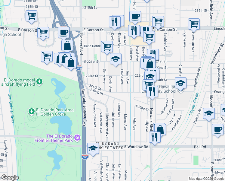 map of restaurants, bars, coffee shops, grocery stores, and more near 7931 East Ring Street in Long Beach