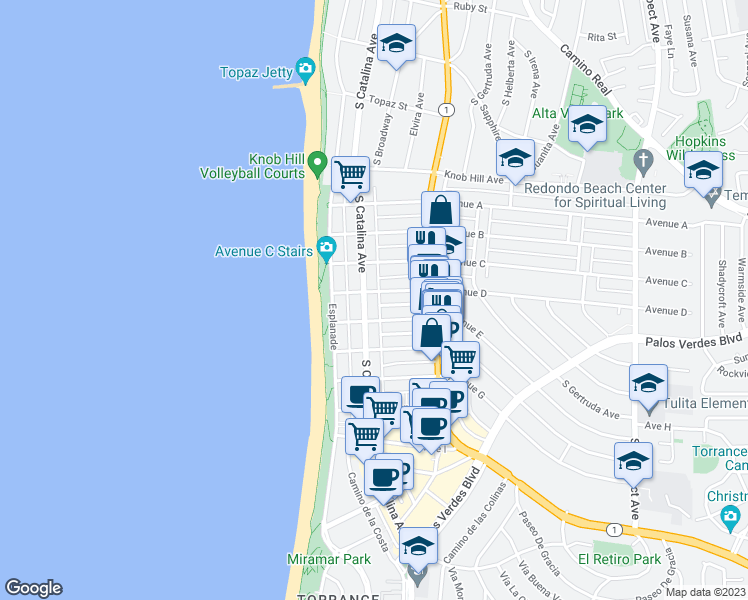 map of restaurants, bars, coffee shops, grocery stores, and more near 209 Avenue E in Redondo Beach