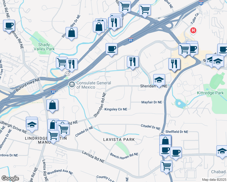 map of restaurants, bars, coffee shops, grocery stores, and more near 1409 Sheridan Road Northeast in Atlanta