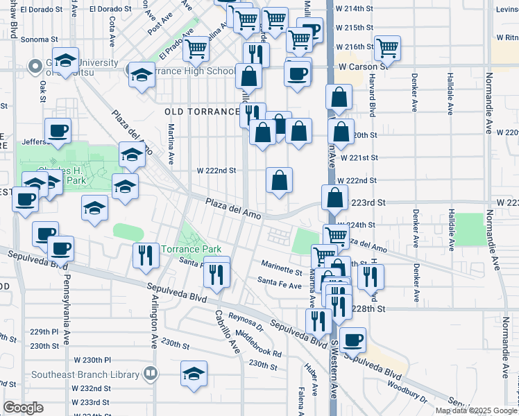 map of restaurants, bars, coffee shops, grocery stores, and more near 1865 Plaza del Amo in Torrance